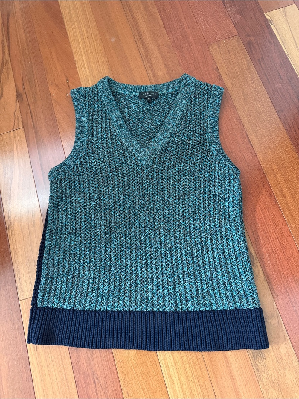 rag & bone Teal Knit V-Neck Vest with Navy Trim